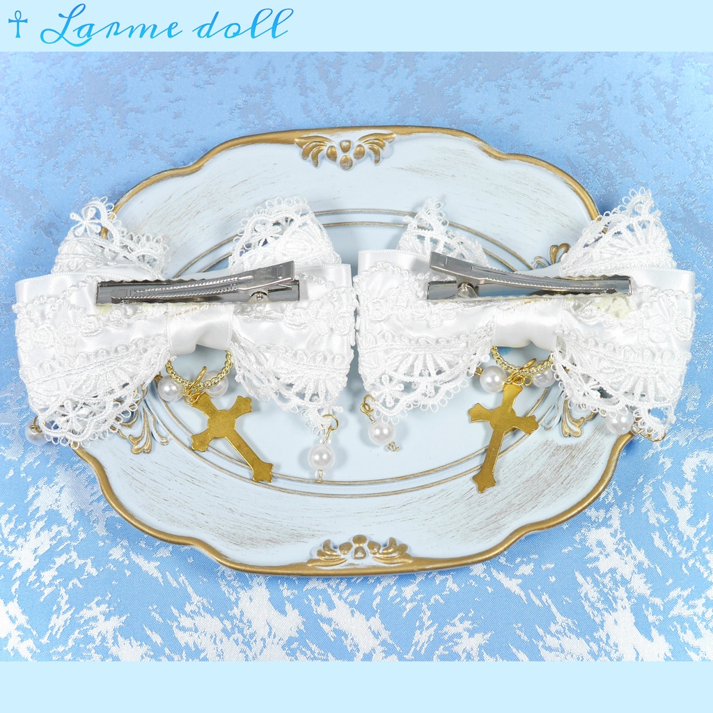 【受注生産】《☥》ロリィタリボンヘアクリップ アクリル製パールビーズタイプ(白)