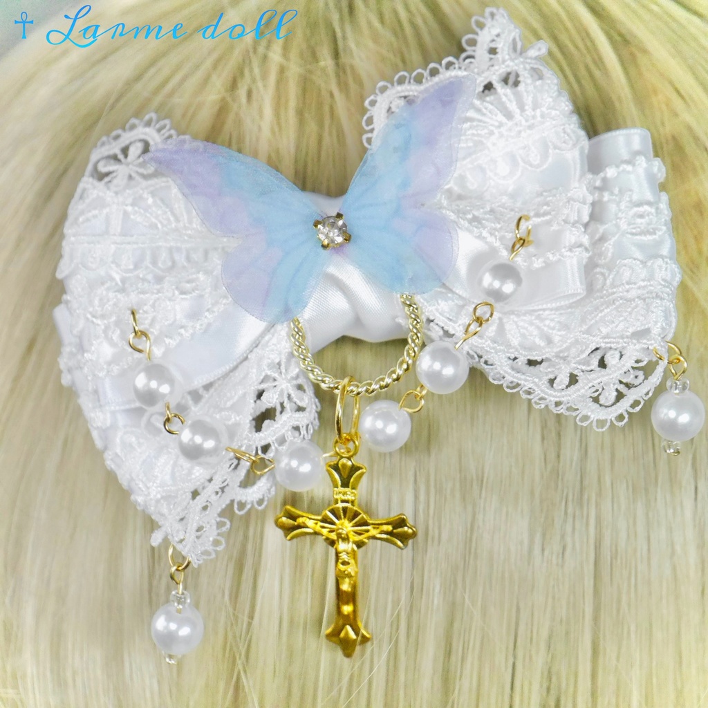 【受注生産】《☥》ロリィタリボンヘアクリップ アクリル製パールビーズタイプ(白)