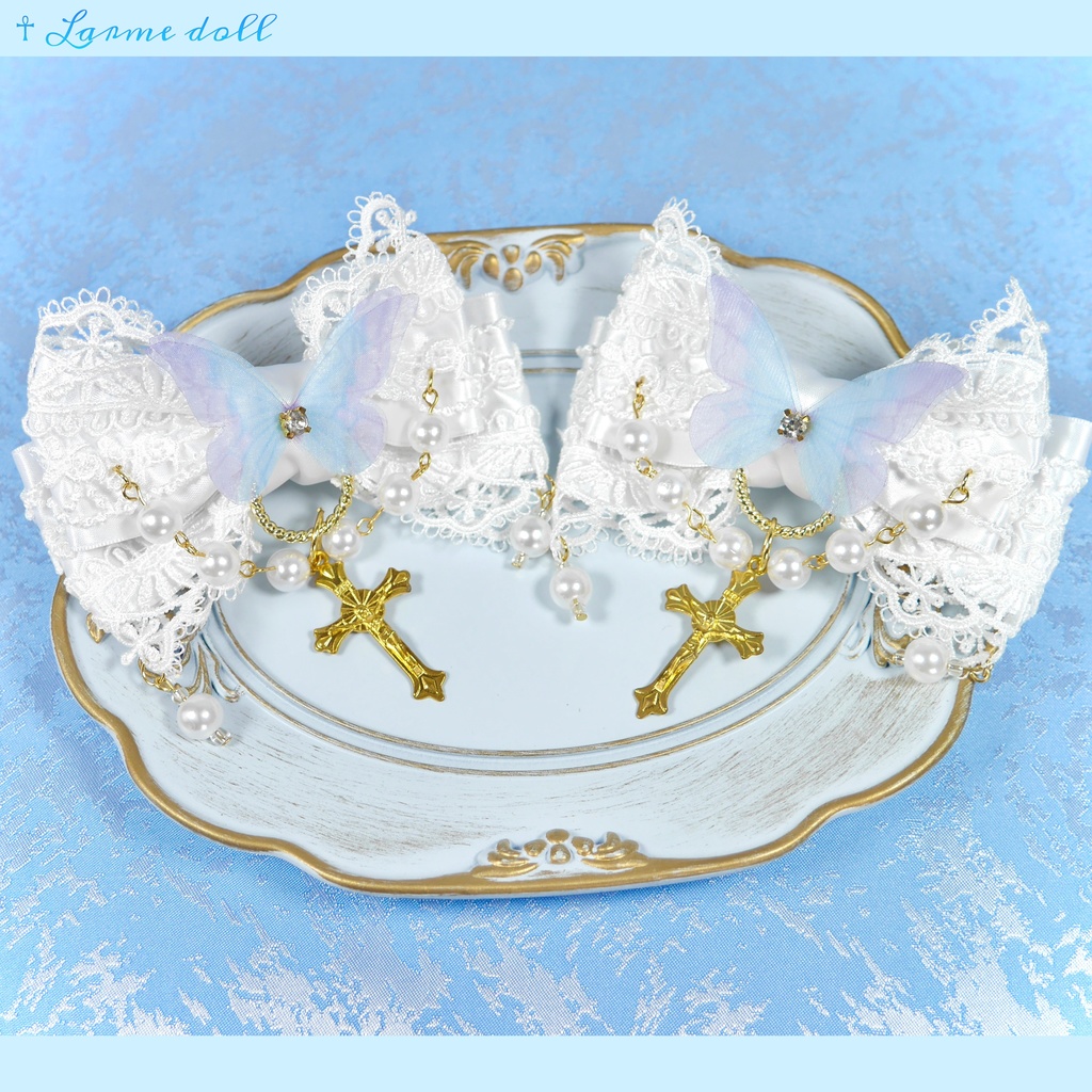 【受注生産】《☥》ロリィタリボンヘアクリップ アクリル製パールビーズタイプ(白)