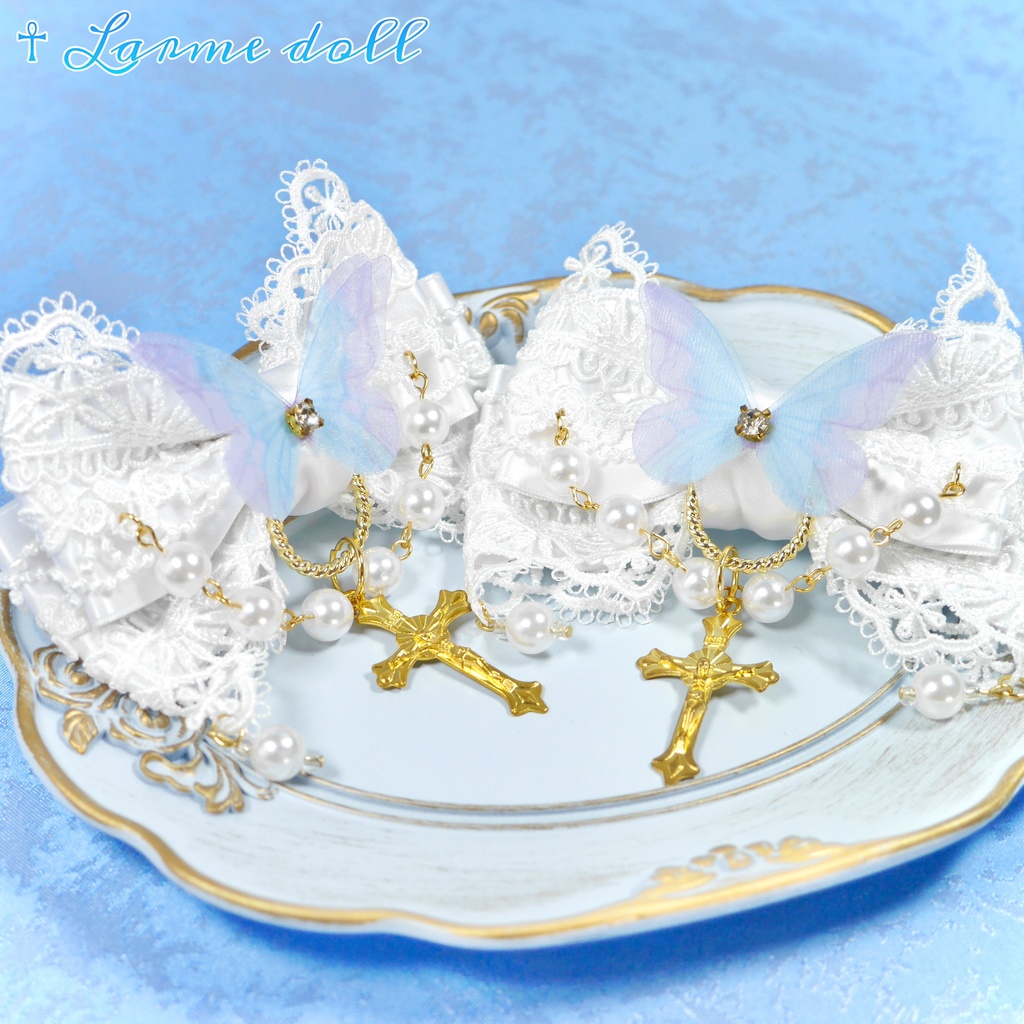 【受注生産】《☥》ロリィタリボンヘアクリップ アクリル製パールビーズタイプ(白)