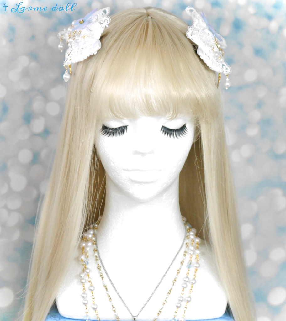 【受注生産】《☥》ロリィタリボンヘアクリップ アクリル製パールビーズタイプ(白)