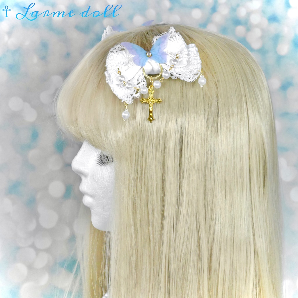 【受注生産】《☥》ロリィタリボンヘアクリップ アクリル製パールビーズタイプ(白)