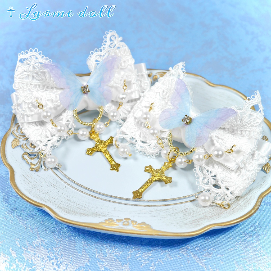 【受注生産】《☥》ロリィタリボンヘアクリップ アクリル製パールビーズタイプ(白)