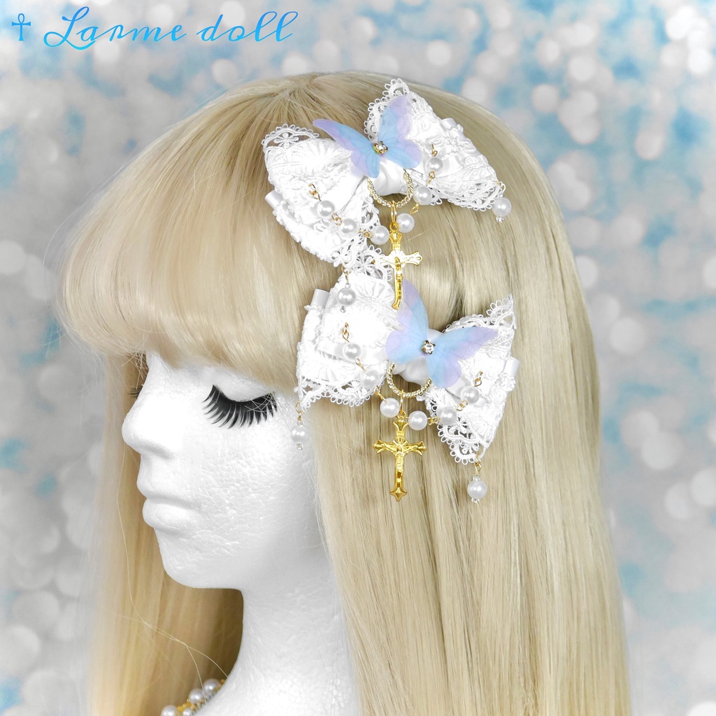 【受注生産】《☥》ロリィタリボンヘアクリップ アクリル製パールビーズタイプ(白)