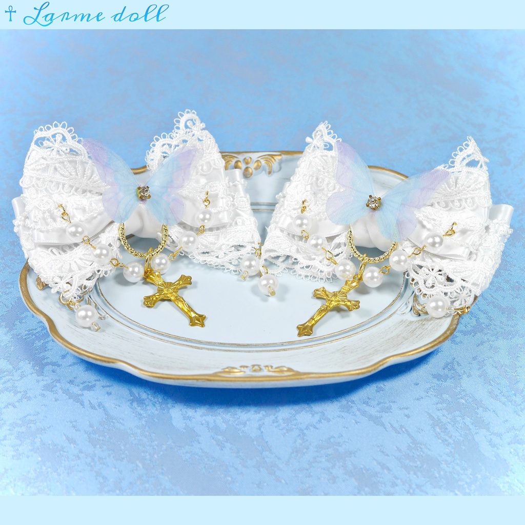 【受注生産】《☥》ロリィタリボンヘアクリップ アクリル製パールビーズタイプ(白)