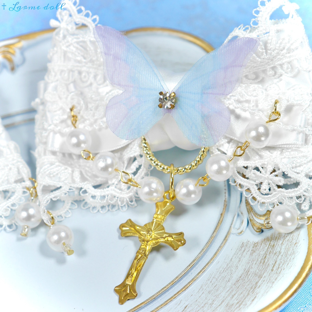 【受注生産】《☥》ロリィタリボンヘアクリップ アクリル製パールビーズタイプ(白)