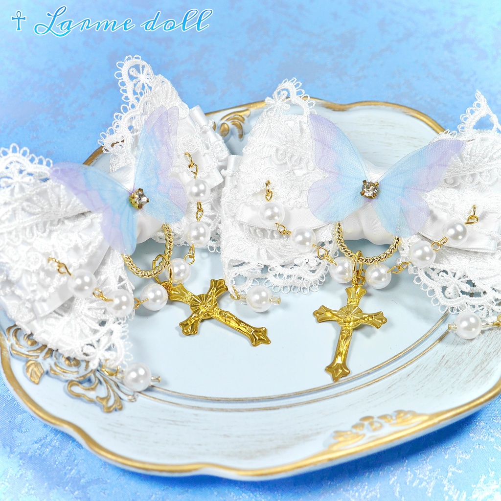 【受注生産】《☥》ロリィタリボンヘアクリップ アクリル製パールビーズタイプ(白)