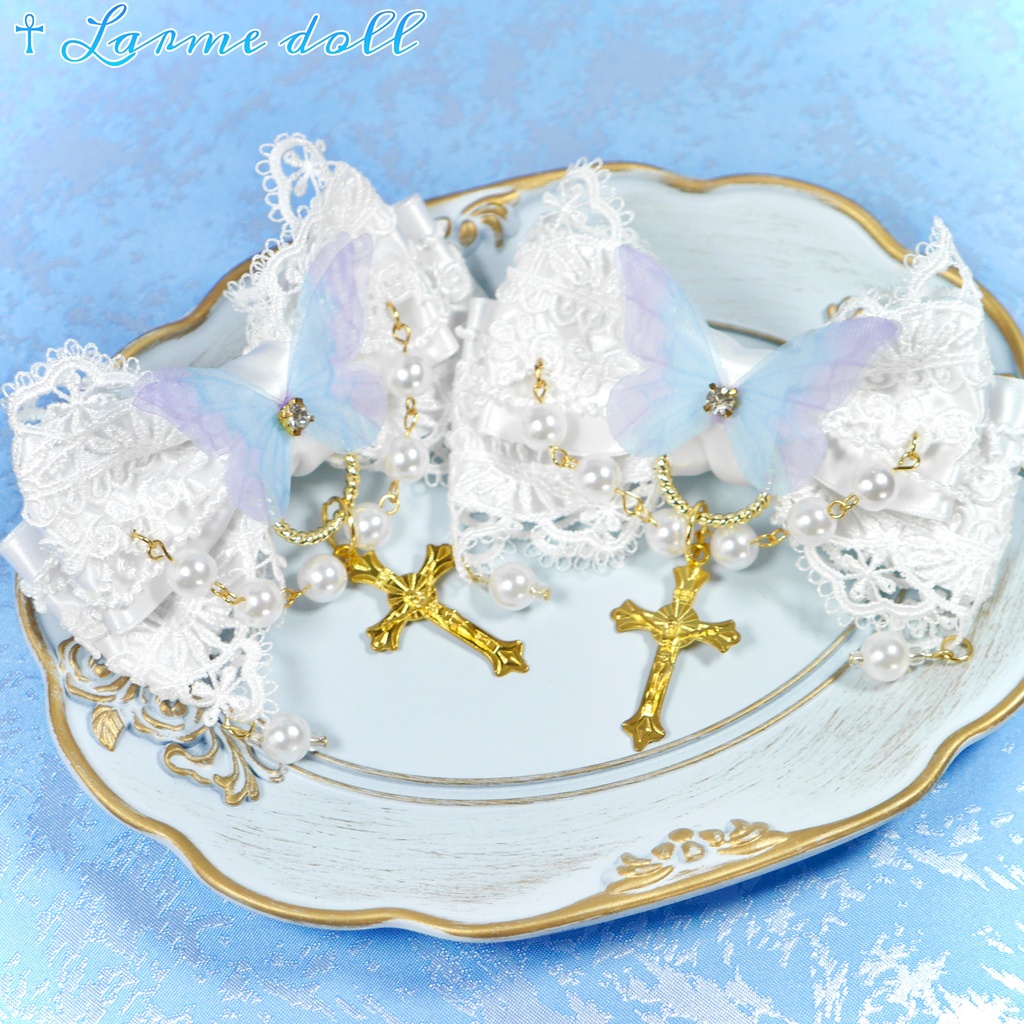 【受注生産】《☥》ロリィタリボンヘアクリップ アクリル製パールビーズタイプ(白)