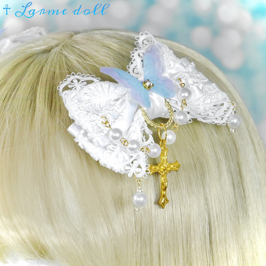 【受注生産】《☥》ロリィタリボンヘアクリップ アクリル製パールビーズタイプ(白)