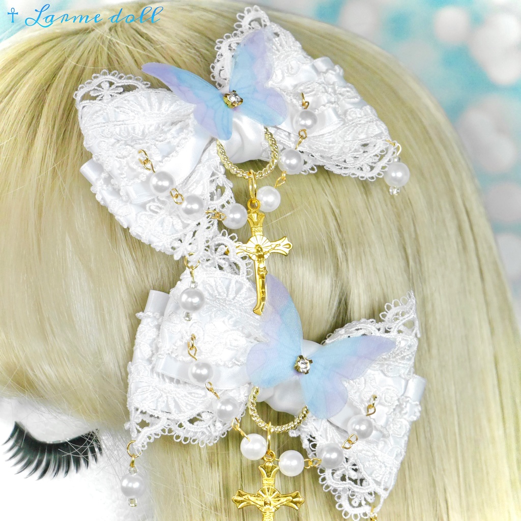 【受注生産】《☥》ロリィタリボンヘアクリップ アクリル製パールビーズタイプ(白)