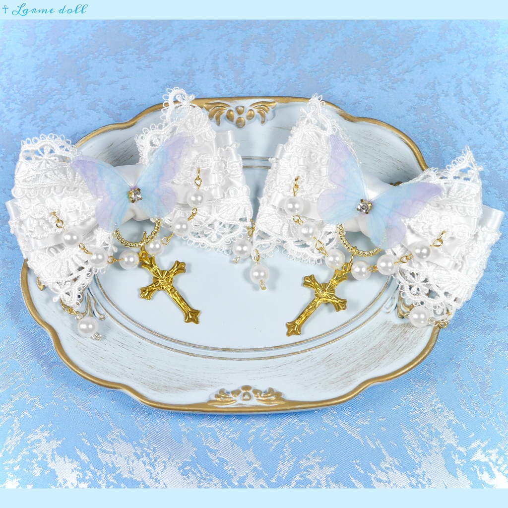 【受注生産】《☥》ロリィタリボンヘアクリップ アクリル製パールビーズタイプ(白)