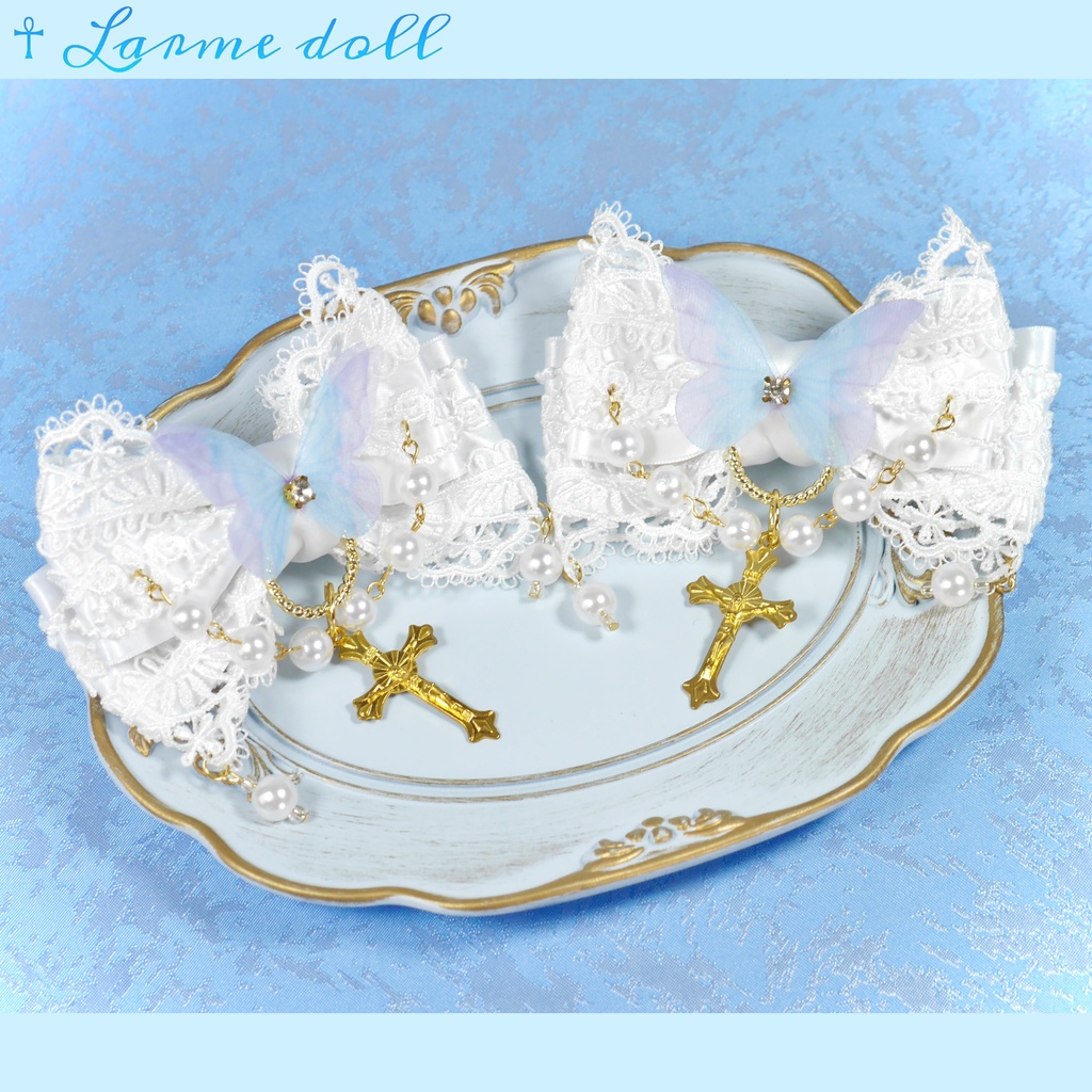 【受注生産】《☥》ロリィタリボンヘアクリップ アクリル製パールビーズタイプ(白)