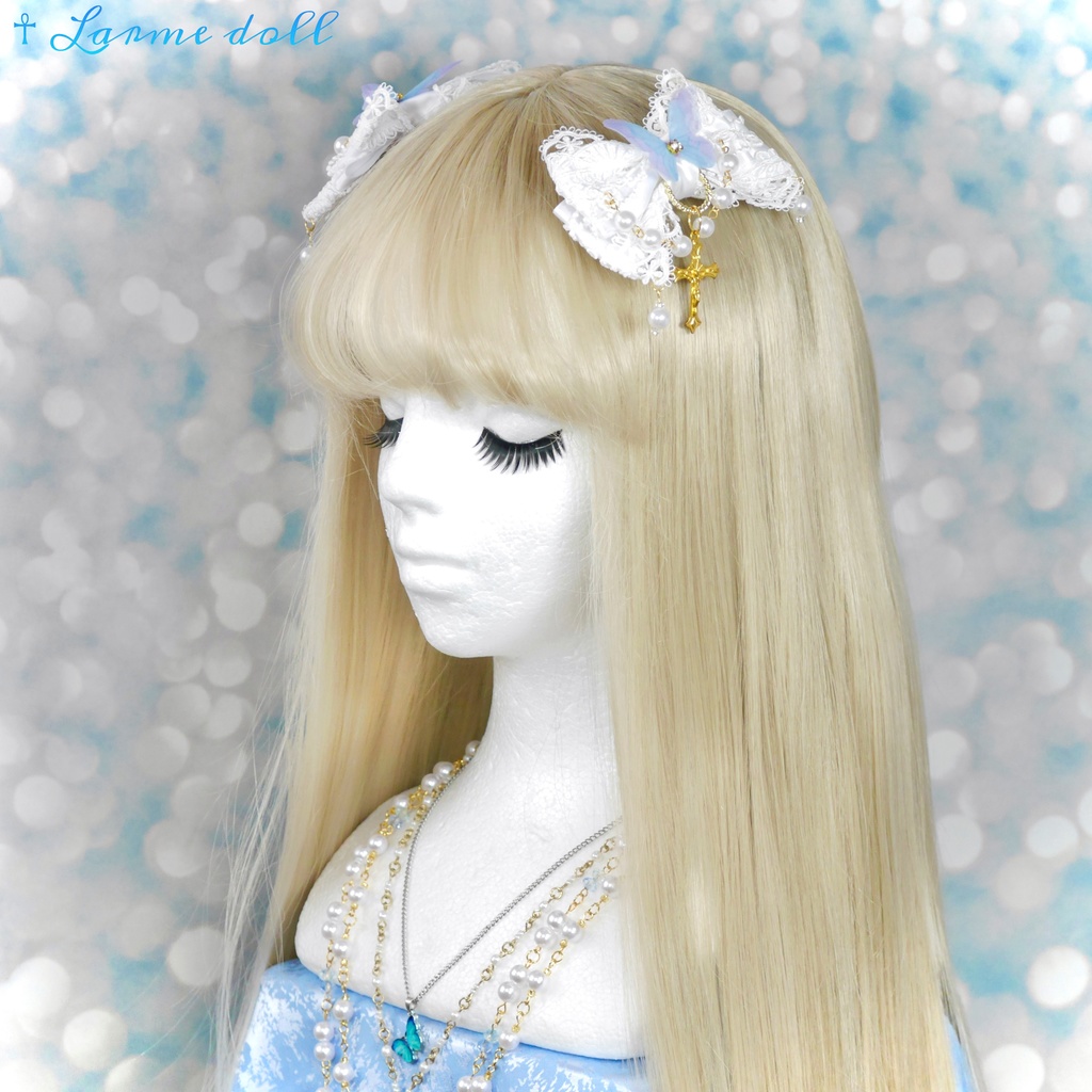 【受注生産】《☥》ロリィタリボンヘアクリップ アクリル製パールビーズタイプ(白)