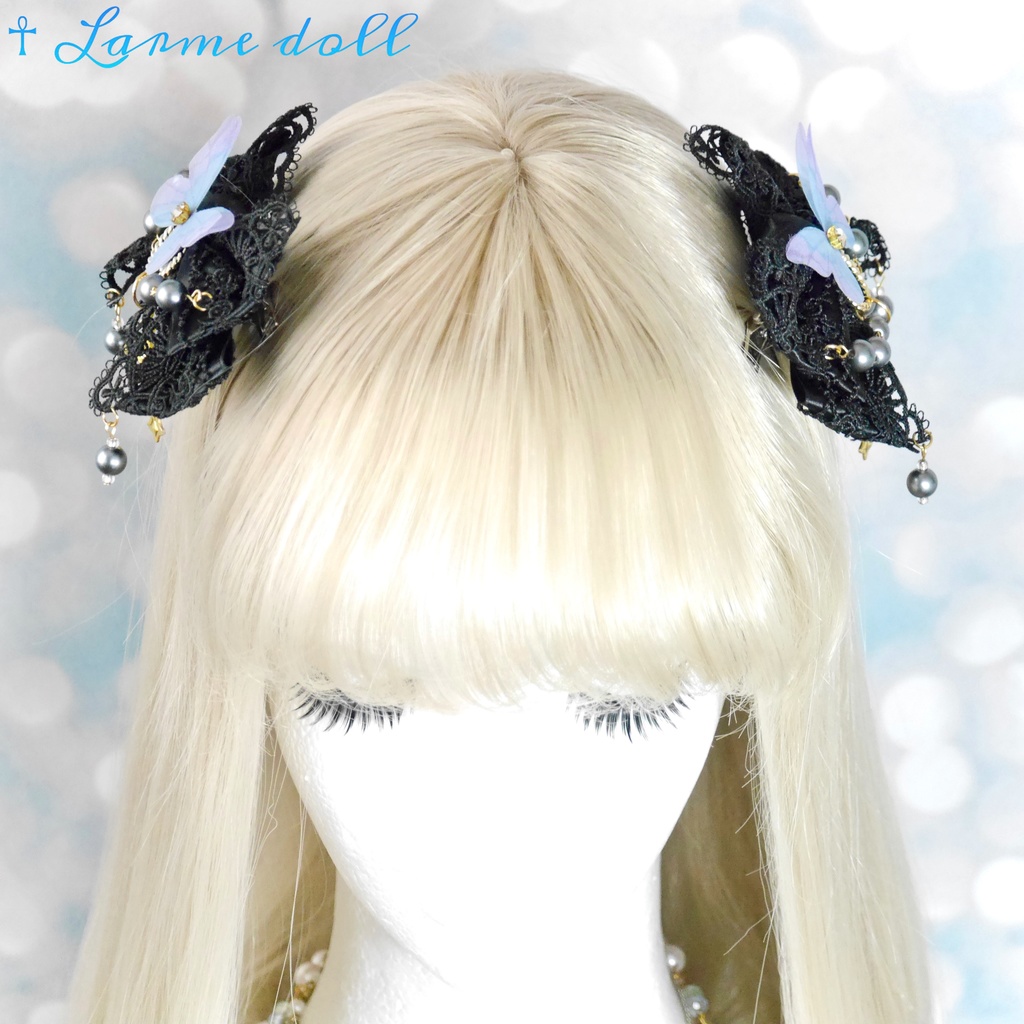 【受注生産】《☥》ロリィタリボンヘアクリップ アクリル製パールビーズタイプ(黒)