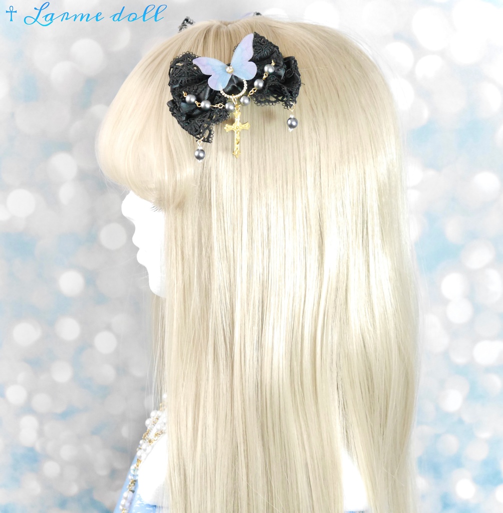 【受注生産】《☥》ロリィタリボンヘアクリップ アクリル製パールビーズタイプ(黒)