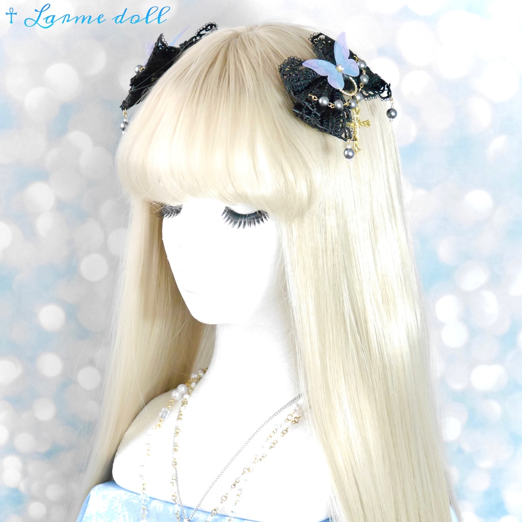 【受注生産】《☥》ロリィタリボンヘアクリップ アクリル製パールビーズタイプ(黒)