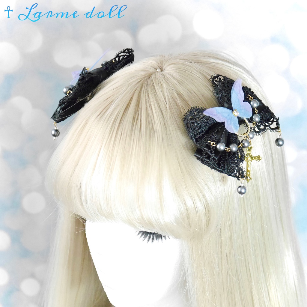 【受注生産】《☥》ロリィタリボンヘアクリップ アクリル製パールビーズタイプ(黒)