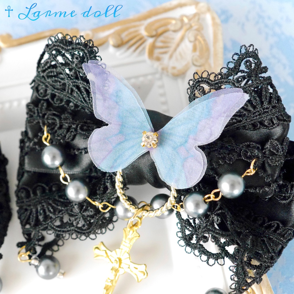 【受注生産】《☥》ロリィタリボンヘアクリップ アクリル製パールビーズタイプ(黒)