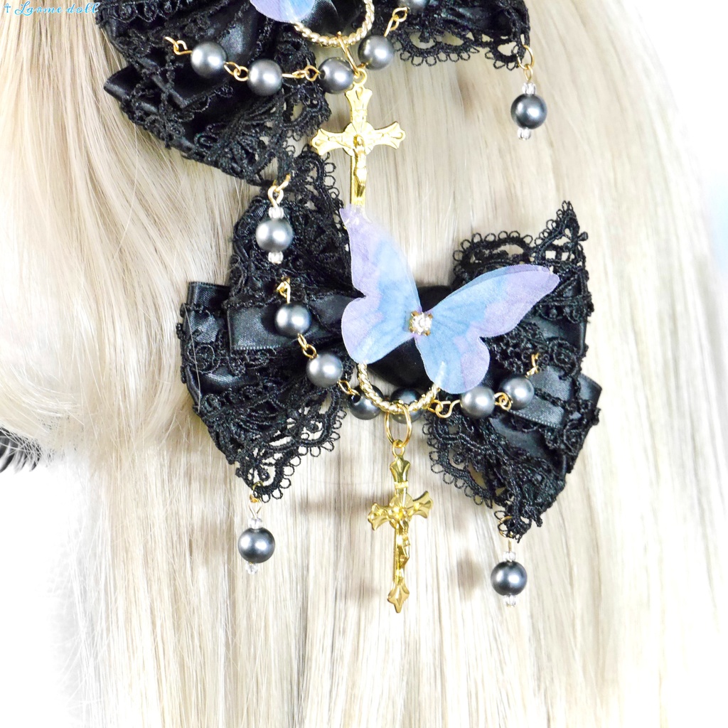 【受注生産】《☥》ロリィタリボンヘアクリップ アクリル製パールビーズタイプ(黒)