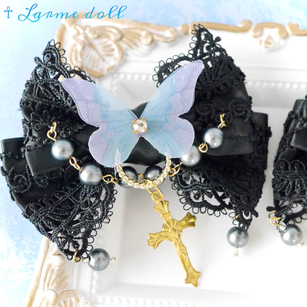 【受注生産】《☥》ロリィタリボンヘアクリップ アクリル製パールビーズタイプ(黒)