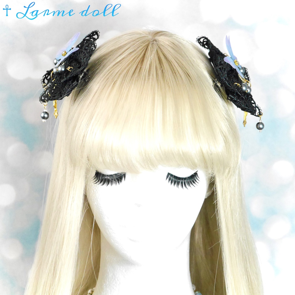 【受注生産】《☥》ロリィタリボンヘアクリップ アクリル製パールビーズタイプ(黒)