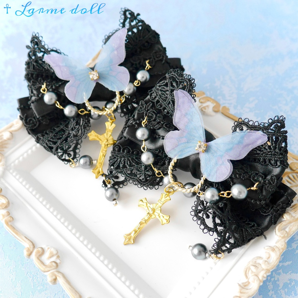 【受注生産】《☥》ロリィタリボンヘアクリップ アクリル製パールビーズタイプ(黒)