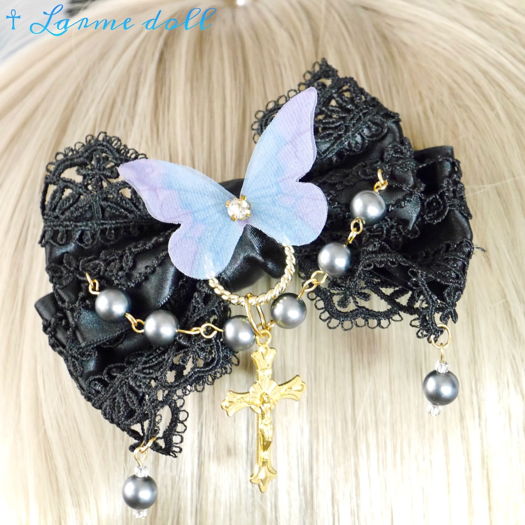 【受注生産】《☥》ロリィタリボンヘアクリップ アクリル製パールビーズタイプ(黒)