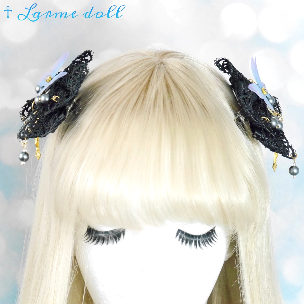 【受注生産】《☥》ロリィタリボンヘアクリップ アクリル製パールビーズタイプ(黒)