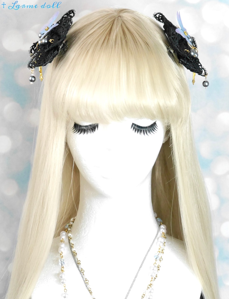 【受注生産】《☥》ロリィタリボンヘアクリップ アクリル製パールビーズタイプ(黒)