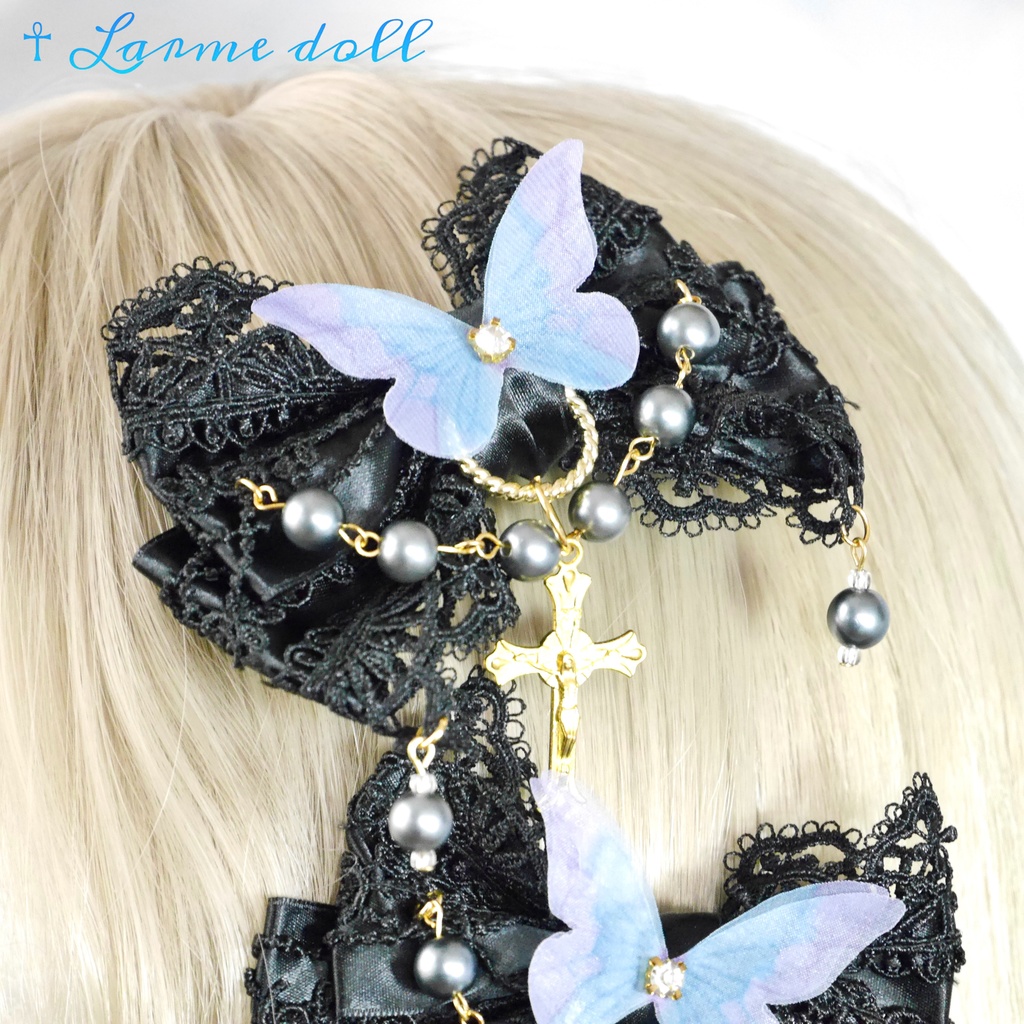 【受注生産】《☥》ロリィタリボンヘアクリップ アクリル製パールビーズタイプ(黒)