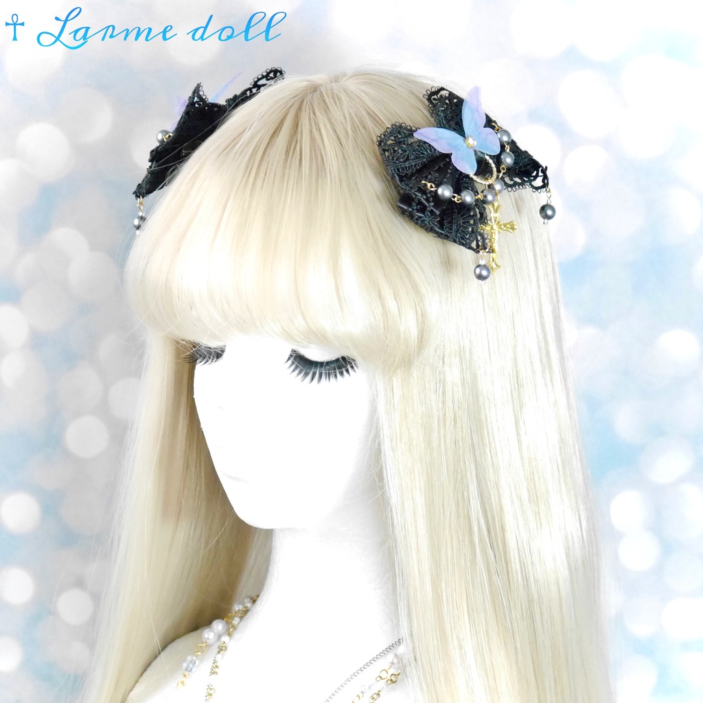 【受注生産】《☥》ロリィタリボンヘアクリップ アクリル製パールビーズタイプ(黒)