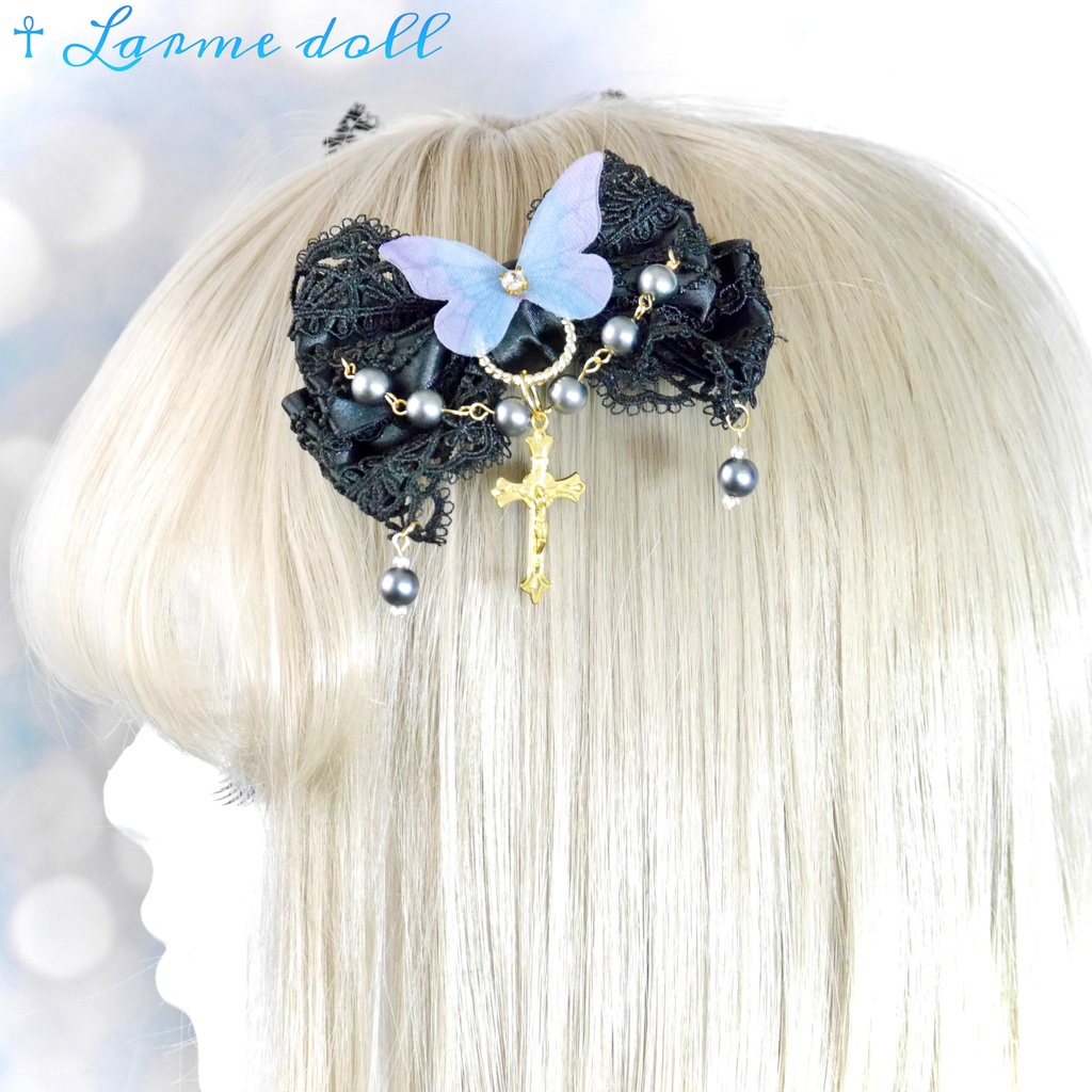 【受注生産】《☥》ロリィタリボンヘアクリップ アクリル製パールビーズタイプ(黒)