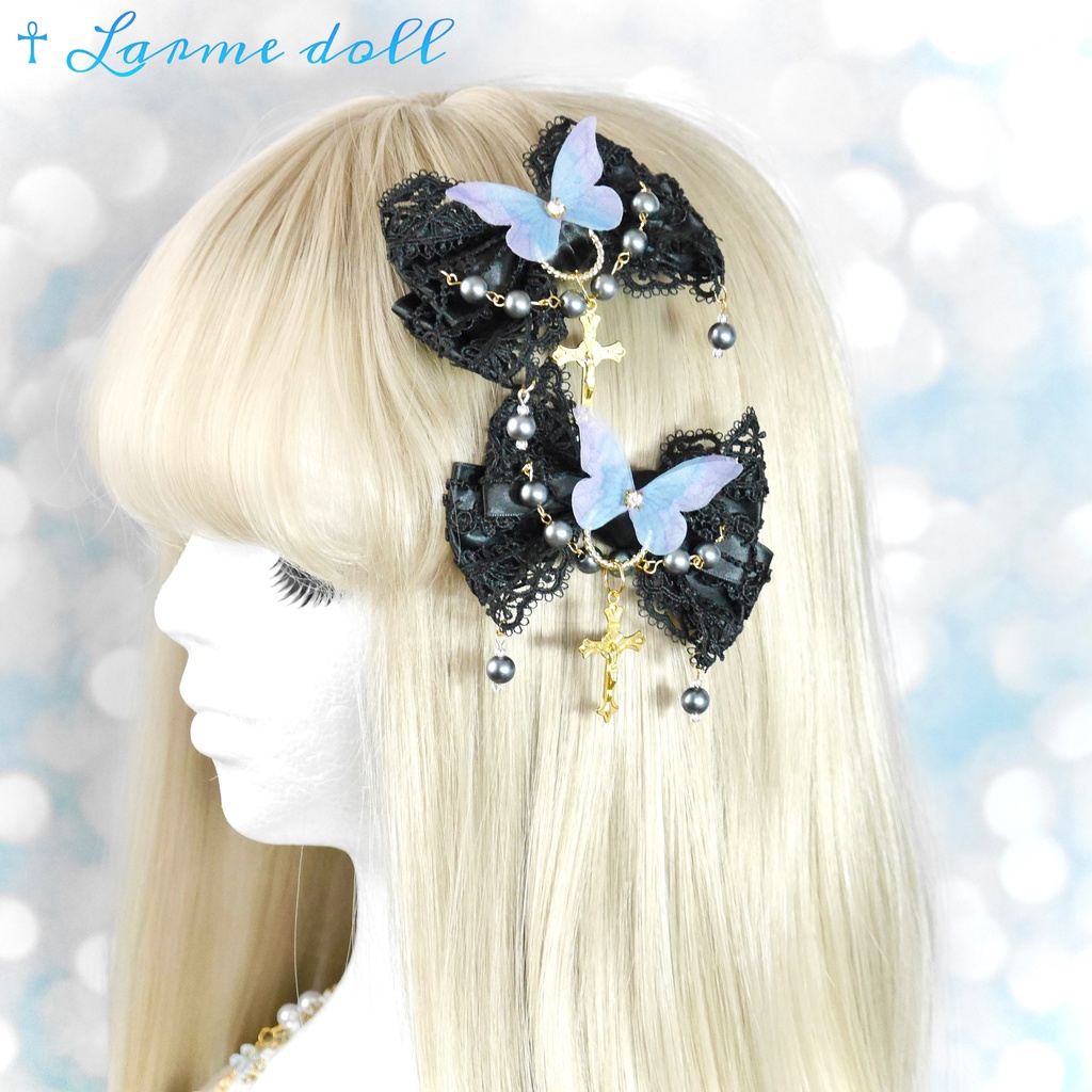 【受注生産】《☥》ロリィタリボンヘアクリップ アクリル製パールビーズタイプ(黒)