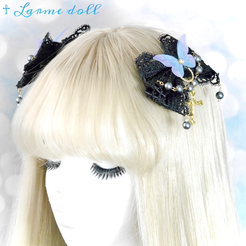 【受注生産】《☥》ロリィタリボンヘアクリップ アクリル製パールビーズタイプ(黒)