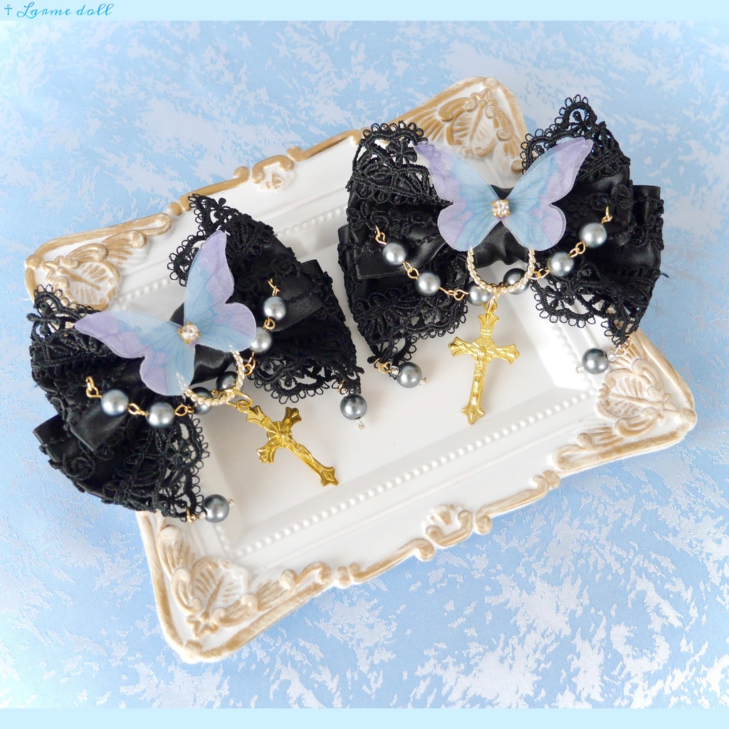 【受注生産】《☥》ロリィタリボンヘアクリップ アクリル製パールビーズタイプ(黒)