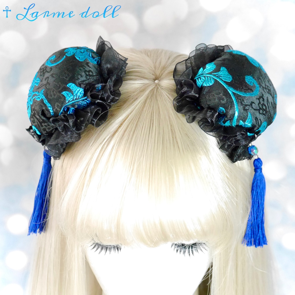 【完成品】【一点物】《☥》綿入りタッセル付きお団子カバー (カラー▷黒×青)