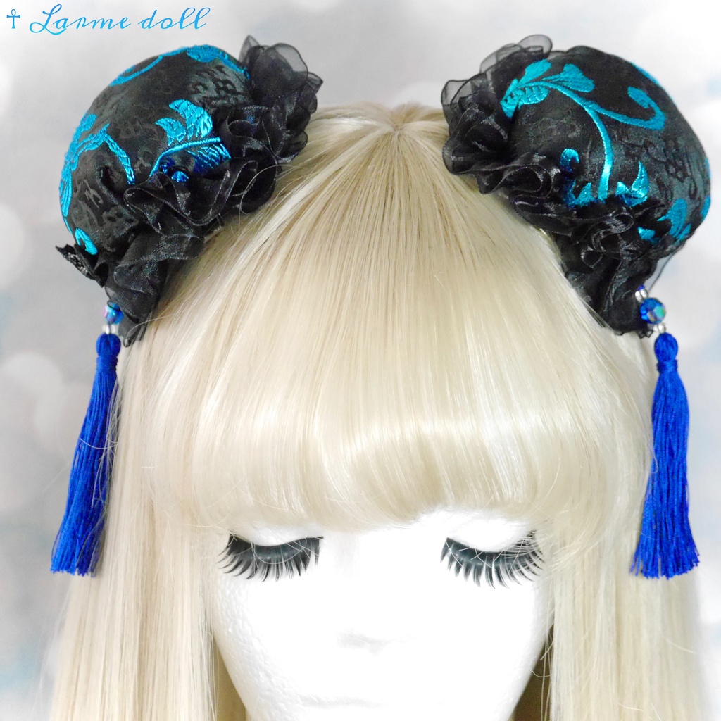 【完成品】【一点物】《☥》綿入りタッセル付きお団子カバー (カラー▷黒×青)