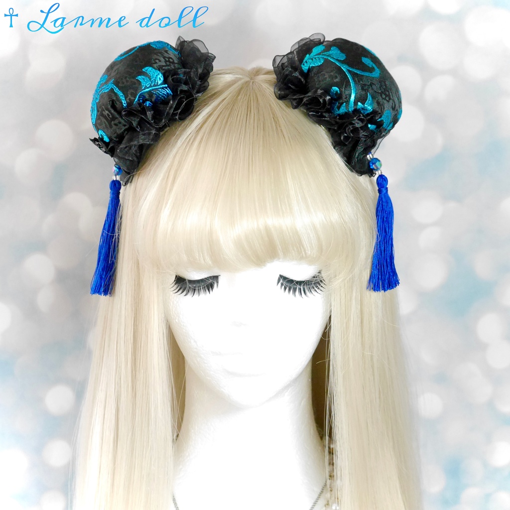 【完成品】【一点物】《☥》綿入りタッセル付きお団子カバー (カラー▷黒×青)