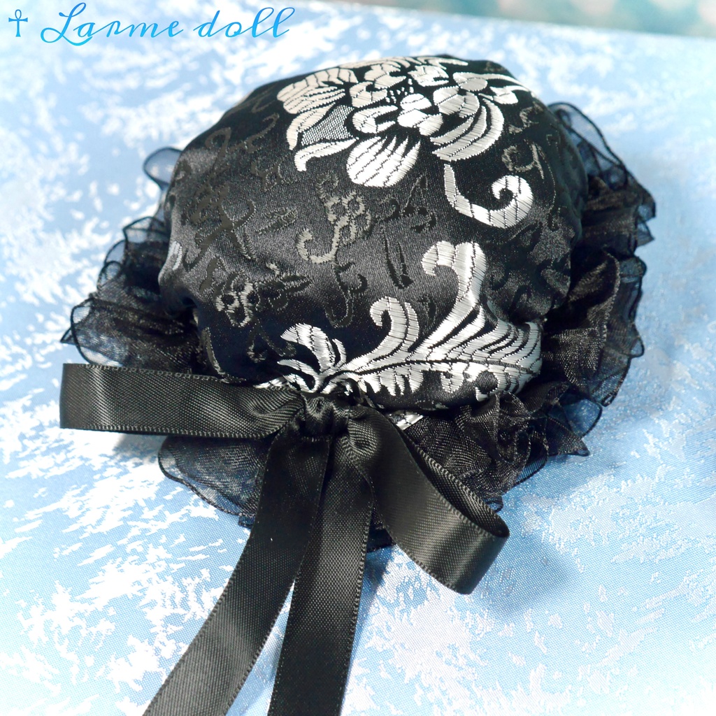 【受注生産】《☥》ゆめかわチャイナお団子カバー(オーガンジーレース黒)取り外し可能綿クッション+ヘアクリップ付き (本体カバーカラー▷黒×シルバー)