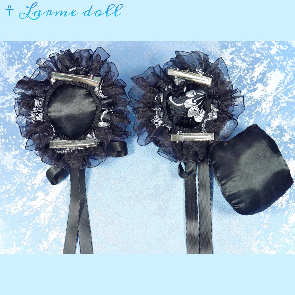 【受注生産】《☥》ゆめかわチャイナお団子カバー(オーガンジーレース黒)取り外し可能綿クッション+ヘアクリップ付き (本体カバーカラー▷黒×シルバー)