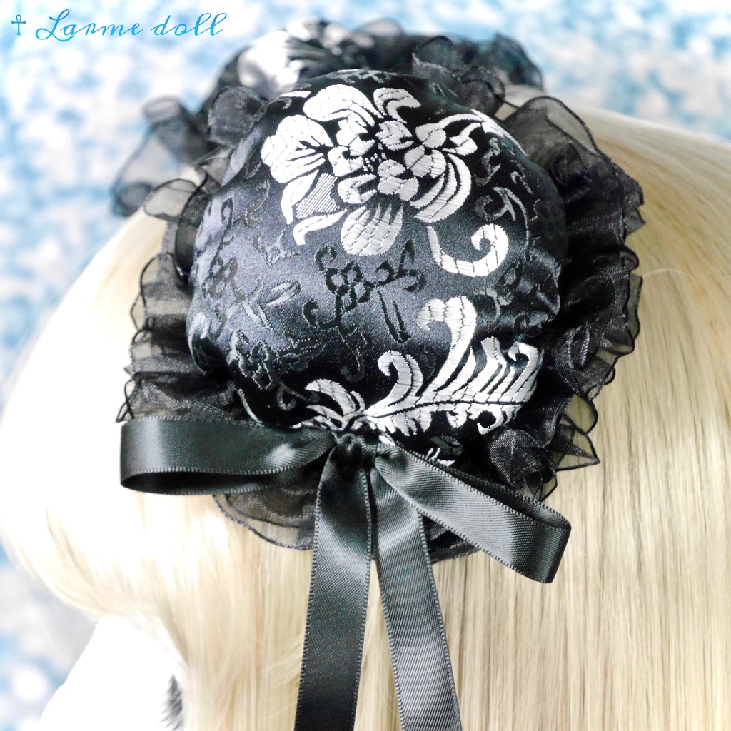 【受注生産】《☥》ゆめかわチャイナお団子カバー(オーガンジーレース黒)取り外し可能綿クッション+ヘアクリップ付き (本体カバーカラー▷黒×シルバー)