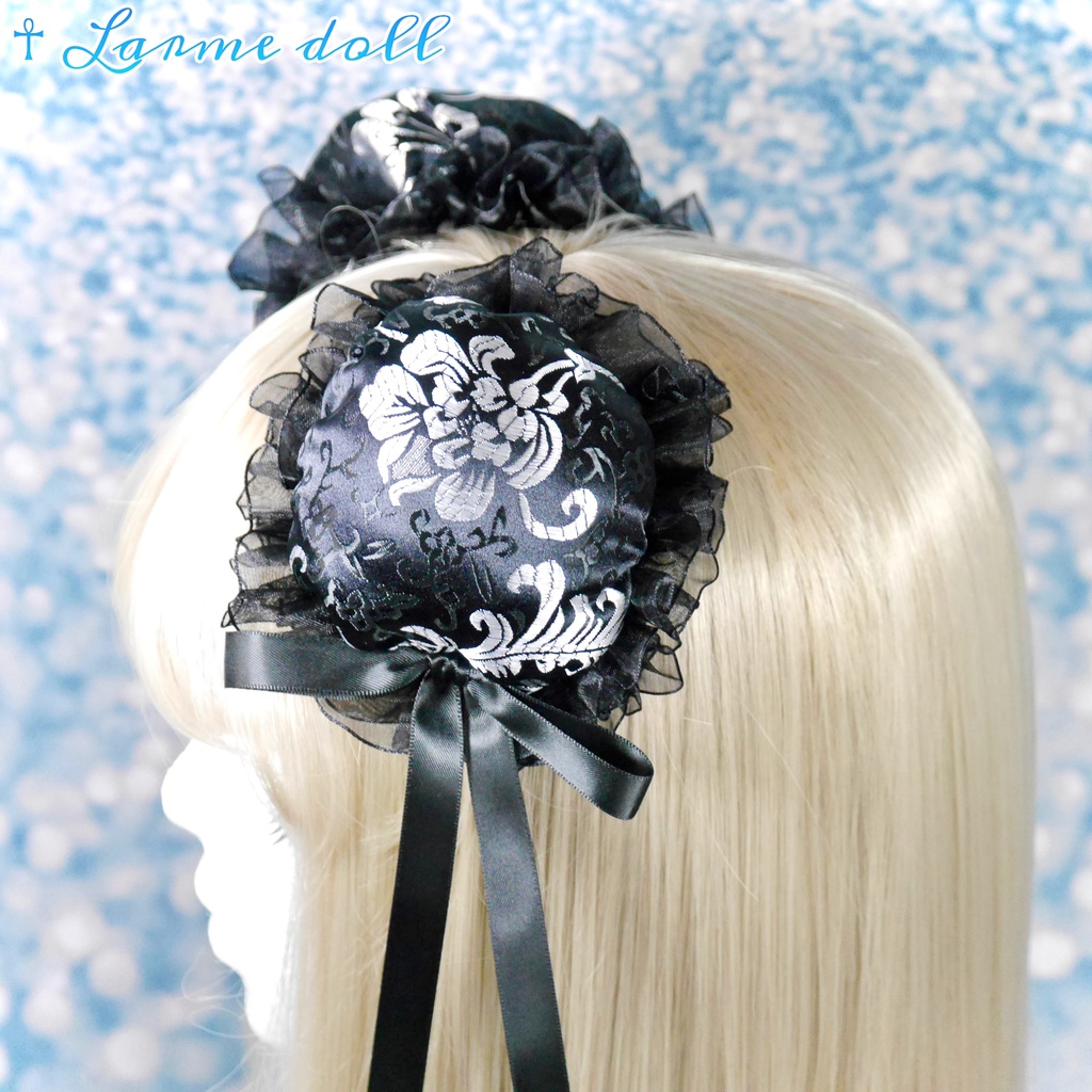 【受注生産】《☥》ゆめかわチャイナお団子カバー(オーガンジーレース黒)取り外し可能綿クッション+ヘアクリップ付き (本体カバーカラー▷黒×シルバー)