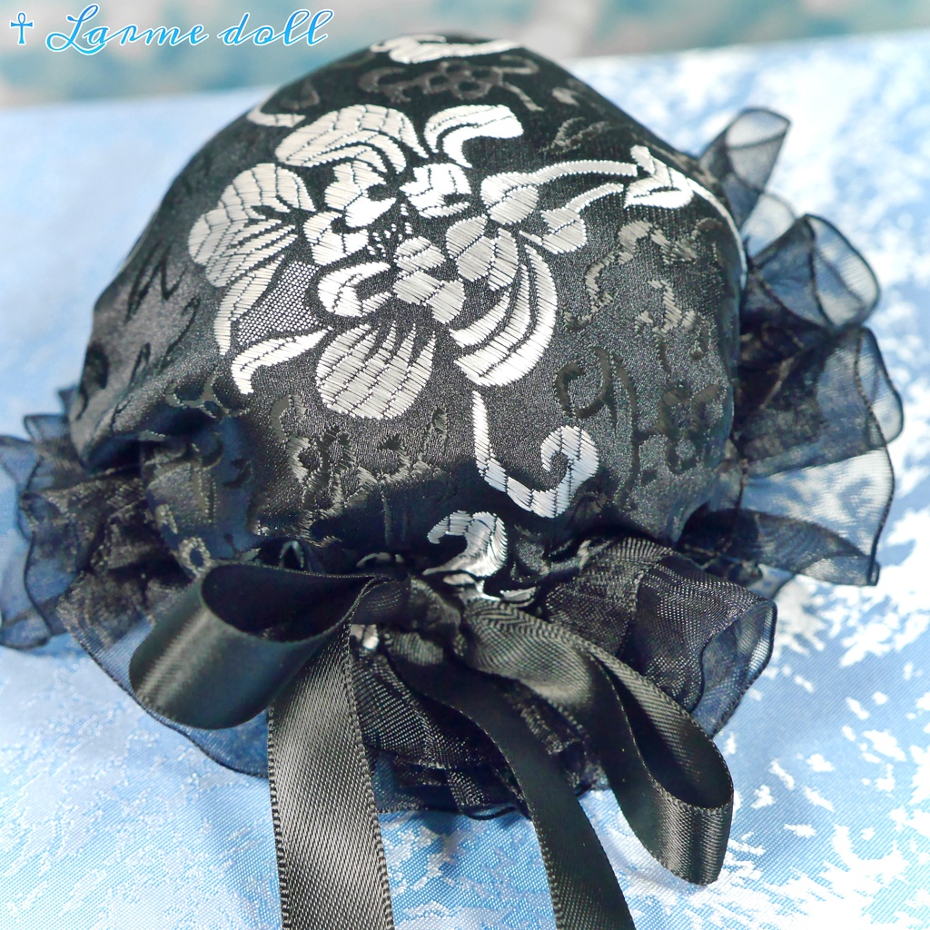 【受注生産】《☥》ゆめかわチャイナお団子カバー(オーガンジーレース黒)取り外し可能綿クッション+ヘアクリップ付き (本体カバーカラー▷黒×シルバー)