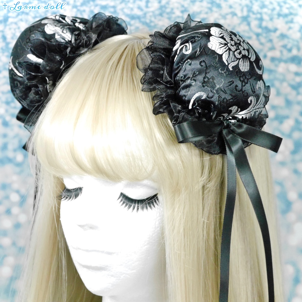 【受注生産】《☥》ゆめかわチャイナお団子カバー(オーガンジーレース黒)取り外し可能綿クッション+ヘアクリップ付き (本体カバーカラー▷黒×シルバー)