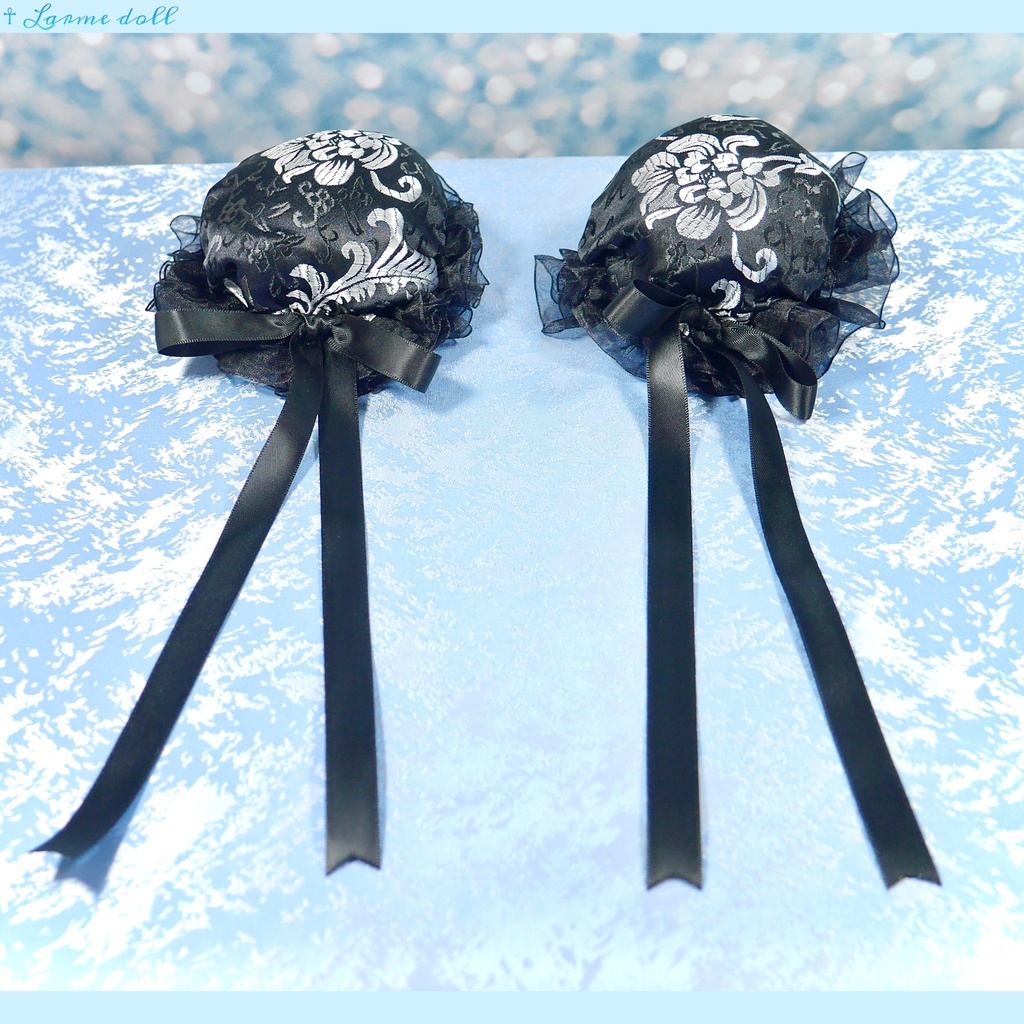【受注生産】《☥》ゆめかわチャイナお団子カバー(オーガンジーレース黒)取り外し可能綿クッション+ヘアクリップ付き (本体カバーカラー▷黒×シルバー)