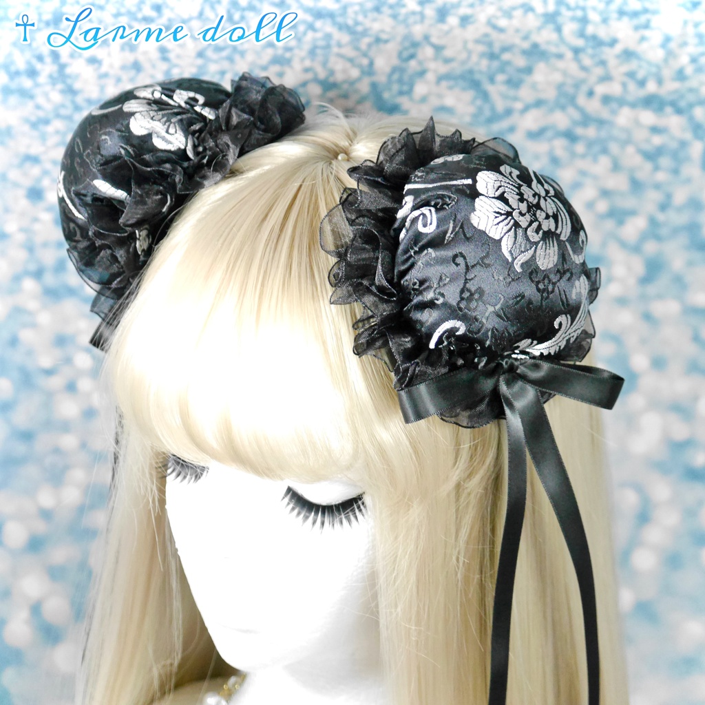 【受注生産】《☥》ゆめかわチャイナお団子カバー(オーガンジーレース黒)取り外し可能綿クッション+ヘアクリップ付き (本体カバーカラー▷黒×シルバー)
