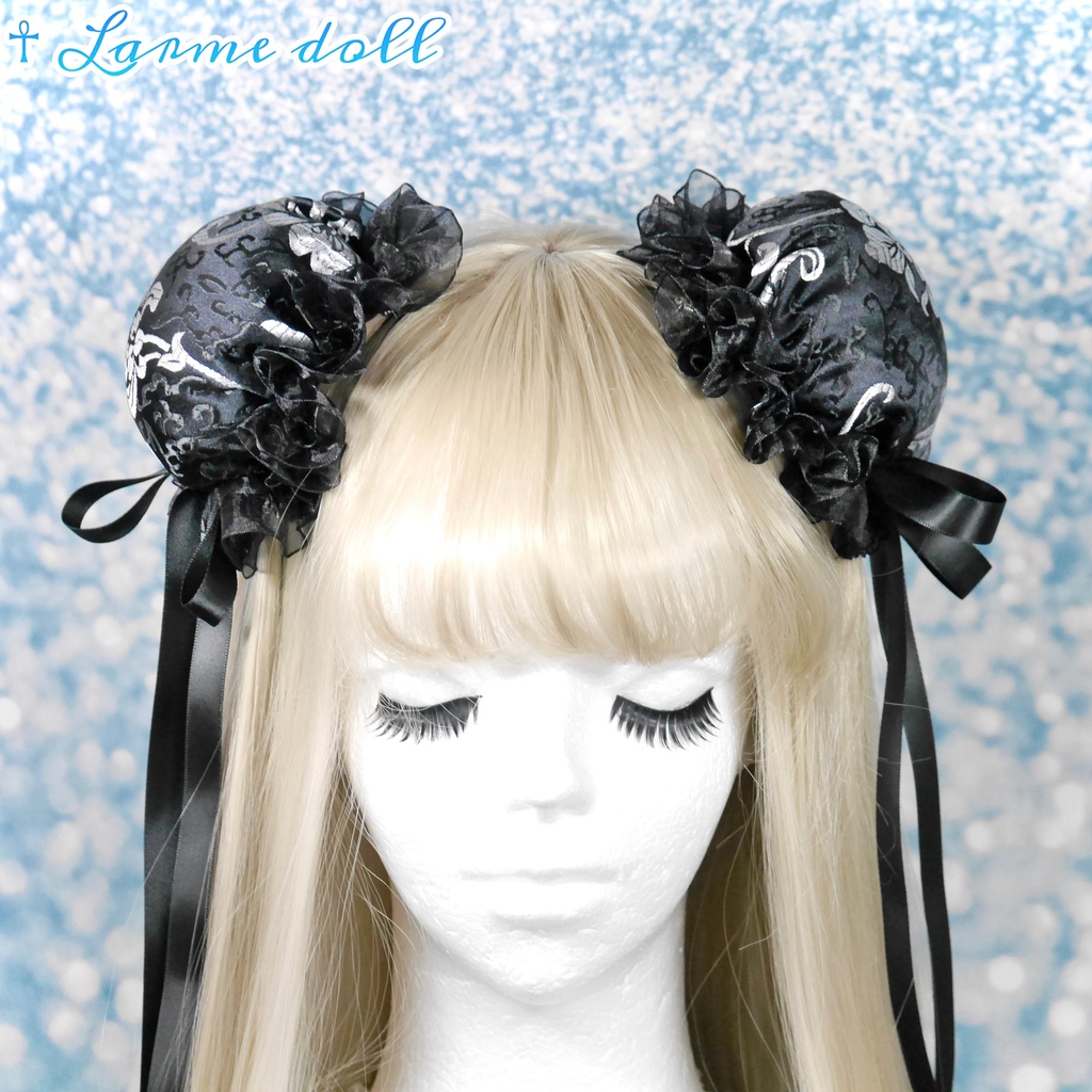 【受注生産】《☥》ゆめかわチャイナお団子カバー(オーガンジーレース黒)取り外し可能綿クッション+ヘアクリップ付き (本体カバーカラー▷黒×シルバー)
