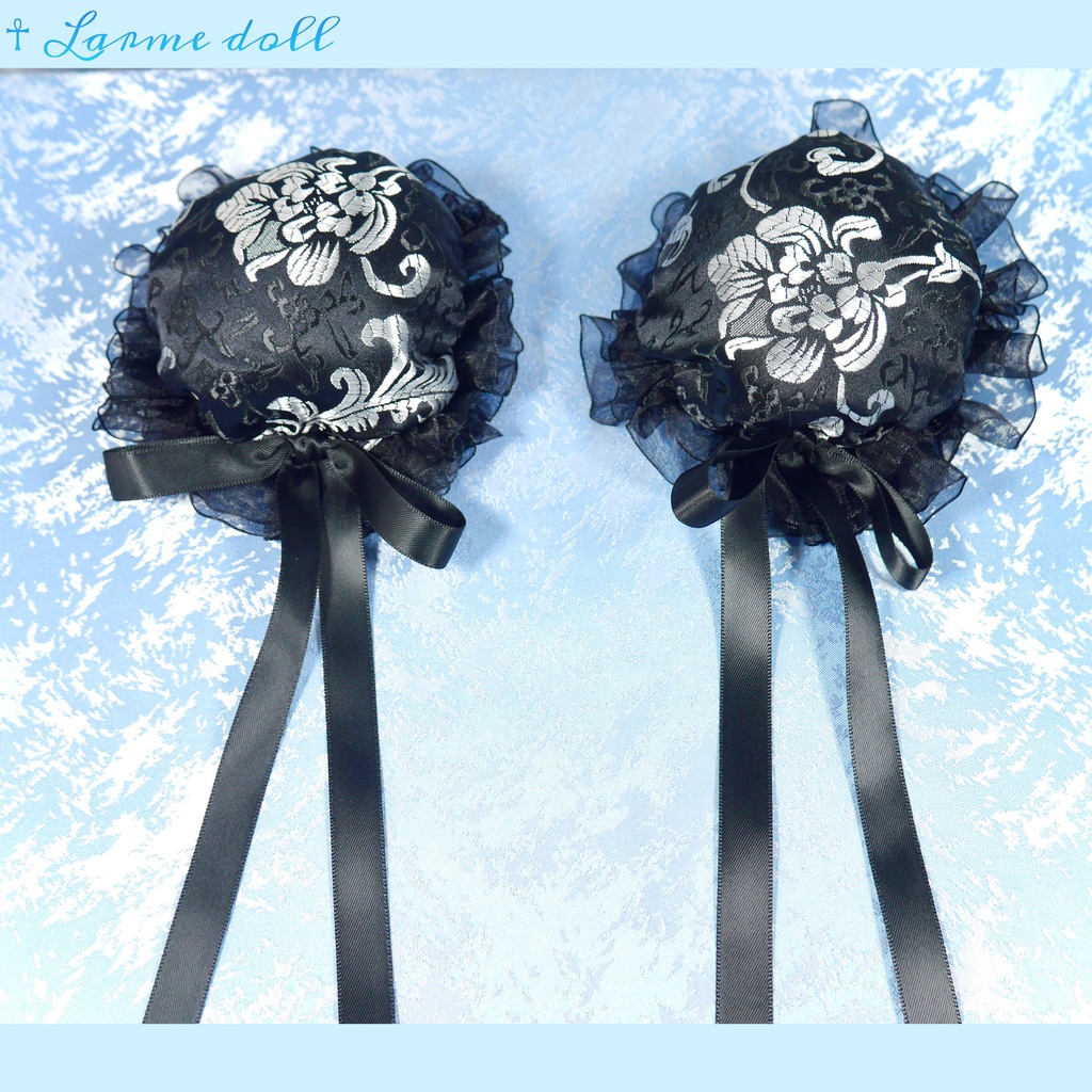 【受注生産】《☥》ゆめかわチャイナお団子カバー(オーガンジーレース黒)取り外し可能綿クッション+ヘアクリップ付き (本体カバーカラー▷黒×シルバー)