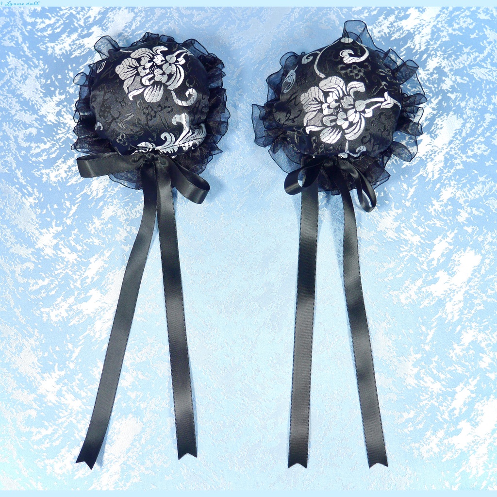 【受注生産】《☥》ゆめかわチャイナお団子カバー(オーガンジーレース黒)取り外し可能綿クッション+ヘアクリップ付き (本体カバーカラー▷黒×シルバー)