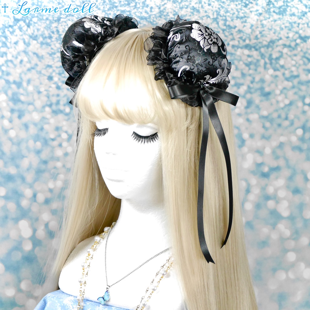 【受注生産】《☥》ゆめかわチャイナお団子カバー(オーガンジーレース黒)取り外し可能綿クッション+ヘアクリップ付き (本体カバーカラー▷黒×シルバー)